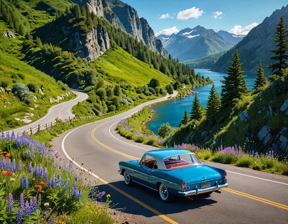 A picturesque road winding through lush green mountains with a clear blue sky above. Include a classic car driving along the road, surrounded by colorful wildflowers and vibrant trees. In the foreground, place a map and travel essentials like a camera and water bottle, emphasizing adventure and safety. Capture the essence of freedom and exploration. super-realistic. vibrant colors. 3D.