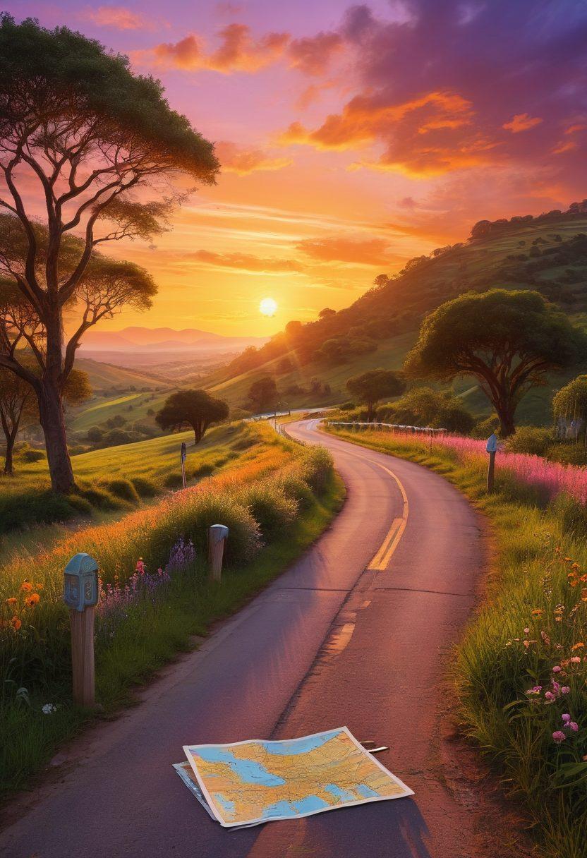 A serene road winding through picturesque landscapes, dotted with charming roadside markers and vibrant greenery. Include a diverse group of travelers planning their route with maps and digital devices in hand, capturing a sense of adventure and collaboration. The sky should showcase a beautiful sunset, symbolizing the end of a day filled with exploration. Bright colors and detailed textures should evoke a feeling of warmth and excitement. super-realistic. vibrant colors. cinematic perspective.