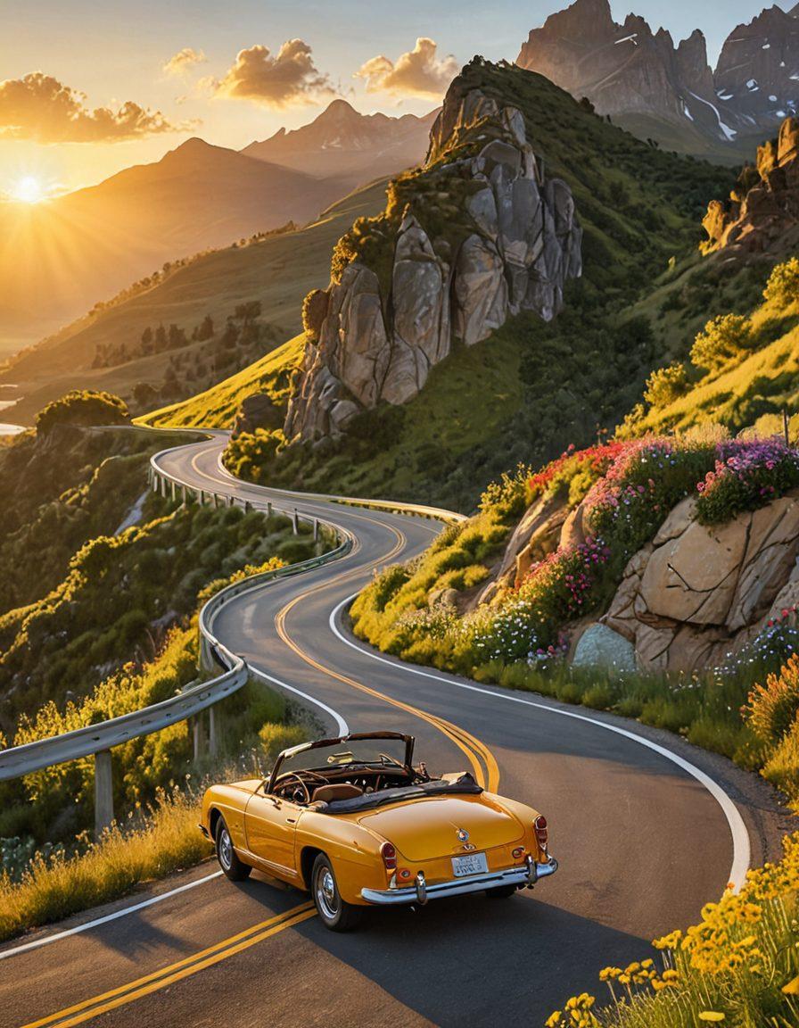 A winding road through a stunning mountainous landscape, flanked by vibrant wildflowers and lush greenery. A vintage convertible car travels along the highway, with the sun setting in the background, casting a golden hue over the scene. Road signs indicating scenic viewpoints are visible alongside. The image captures the essence of adventure and exploration. super-realistic. vibrant colors.